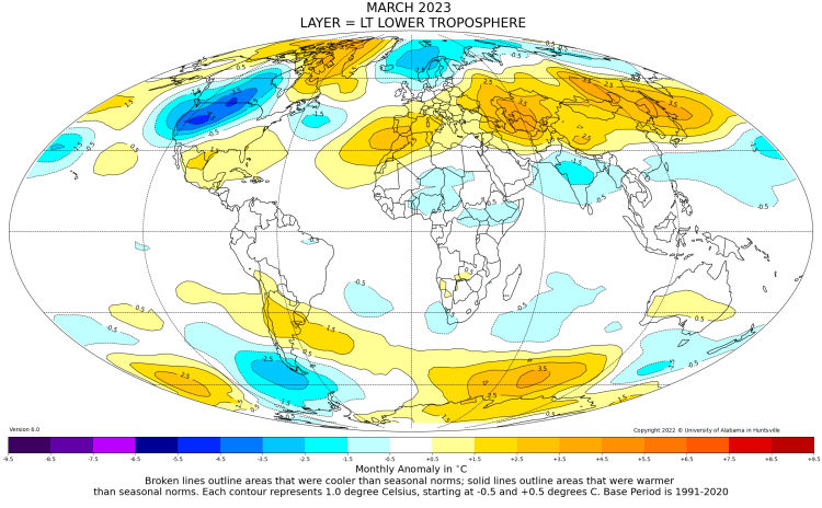 Globus mit Temperature Maerz 2023